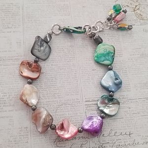 Rainbow glass shells, magnetic hematite bracelet